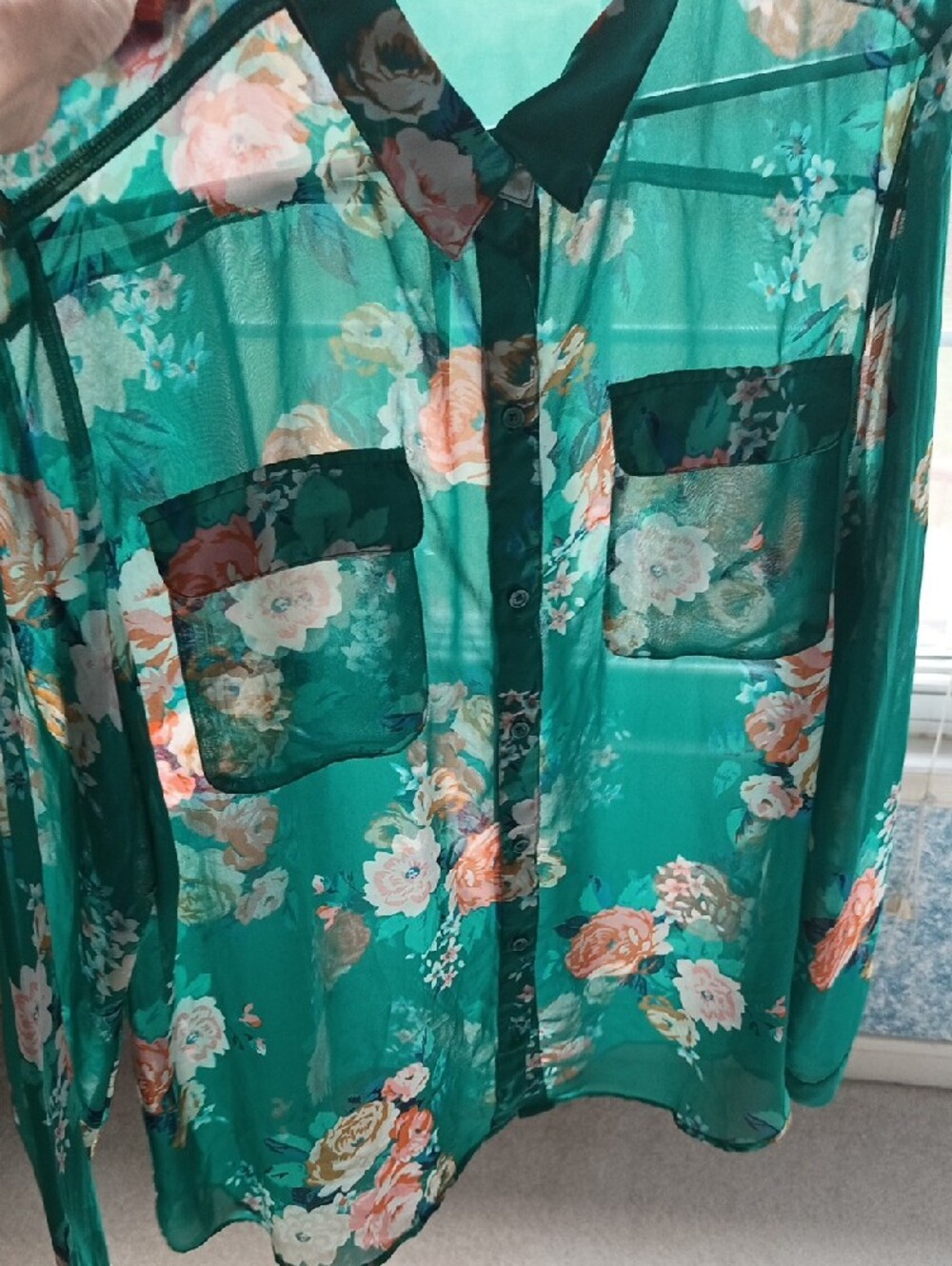 Old Navy Teal Green Floral Sheer Button-Down Blouse